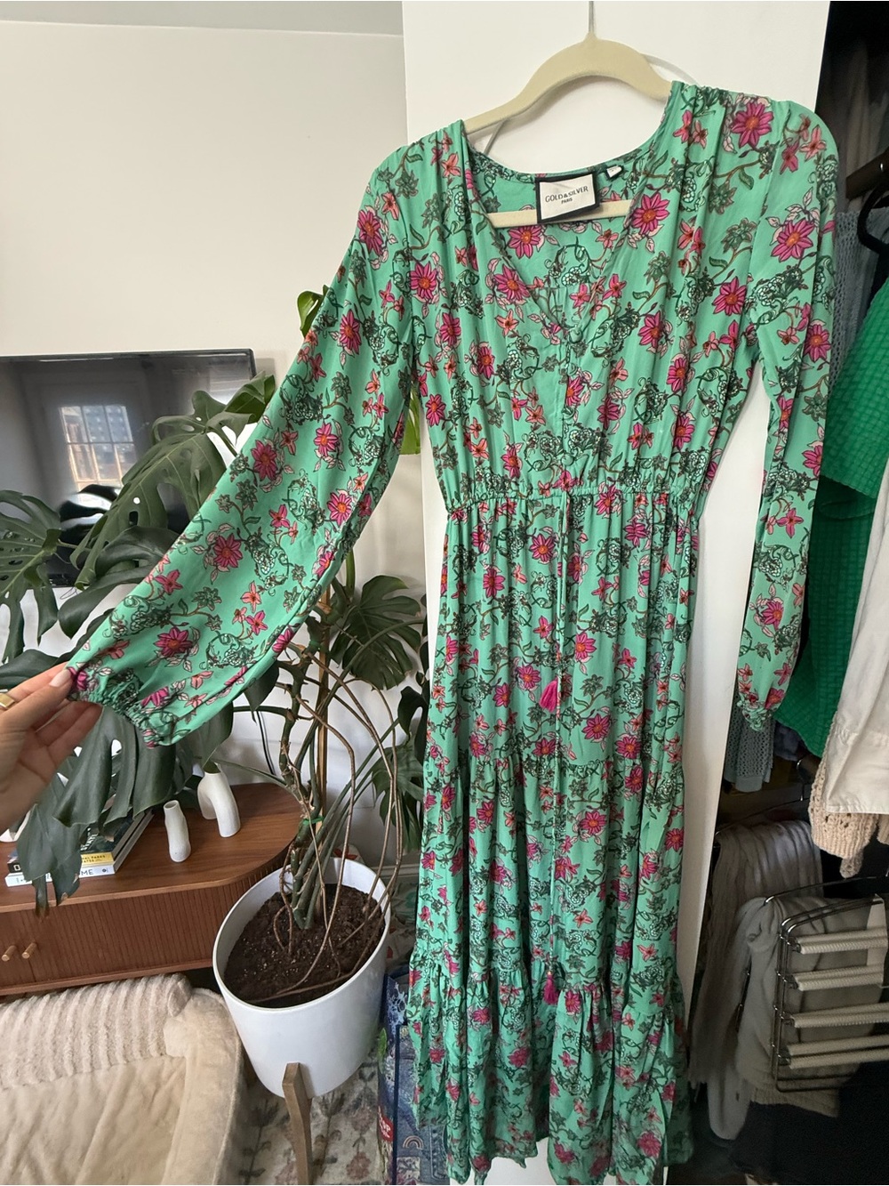 Green Floral Long Sleeve Maxi Dress